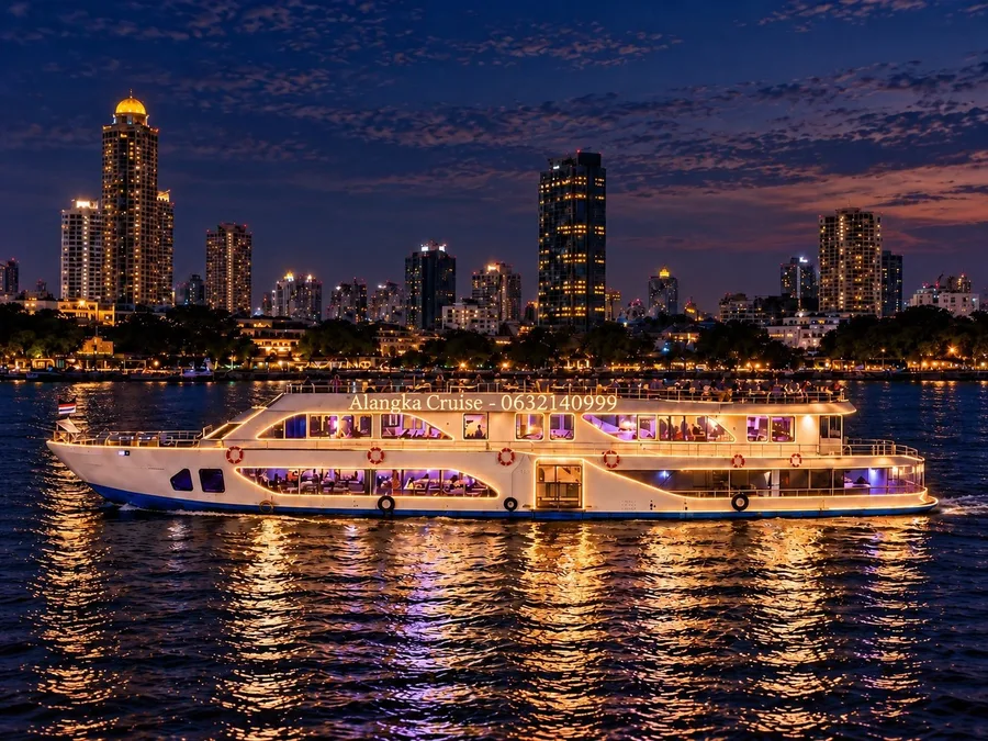 เรือ Alangka Cruise ประดับไฟสีทองและม่วงบนแม่น้ำเจ้าพระยา มีดาดฟ้าเปิดโล่งและวิวอาคารริมแม่น้ำยามค่ำคืน