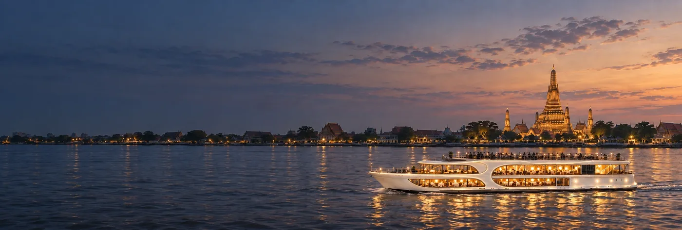 เรือดินเนอร์สีขาวพร้อมแสงไฟอบอุ่นล่องแม่น้ำเจ้าพระยาหน้าวัดอรุณในยามเย็น