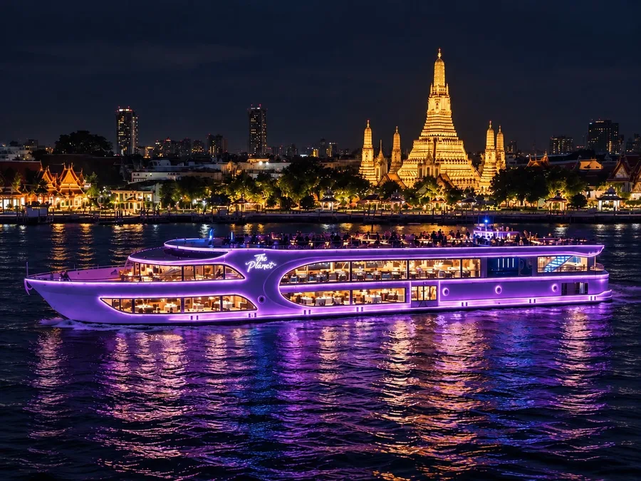 เรือ The Planet Cruise ประดับไฟสีม่วงบนแม่น้ำเจ้าพระยา มีวัดอรุณส่องสว่างเป็นฉากหลังยามค่ำคืน