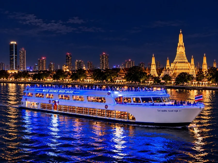เรือ White Orchid River Cruise รอบ Dinner ประดับไฟสีน้ำเงินบนแม่น้ำเจ้าพระยายามค่ำคืน โดยมีวัดอรุณเป็นฉากหลัง